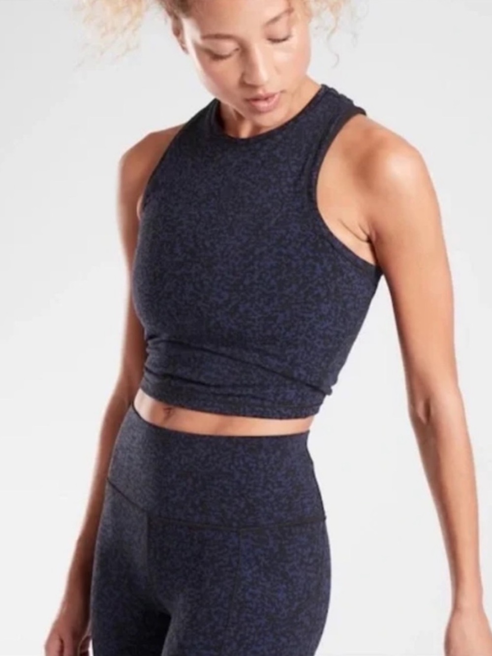 Athleta Shanti Crop Jacquard Navy and Black Racerback Tank Top
